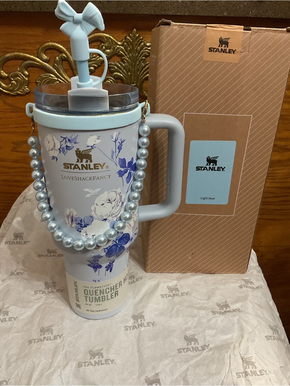 Stanley Loveshack Fancy Light Blue Floral Handle Quencher Tumbler with Bow Straw